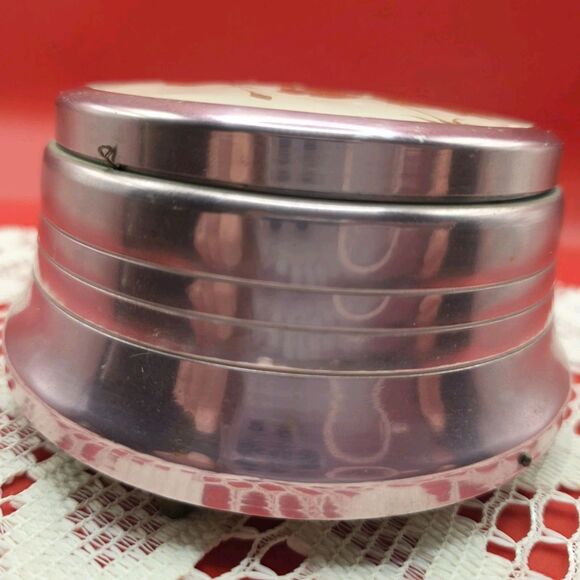 Vintage Powder Music Box Pink Tinted Aluminum Plays Blue Danube WORKS - Picture 3 of 6